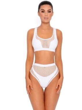 Oh Polly White Fishnet High-Waist Bikini Set